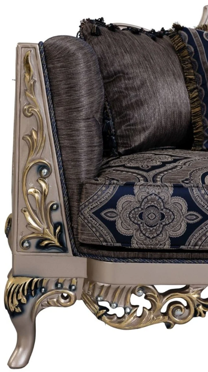 Casa Padrino Luxus Barock Sofa mit dekorativen Kissen Blau / Silber / Gold 226 x 90 x H. 110 cm - Barock Wohnzimmer Möbel