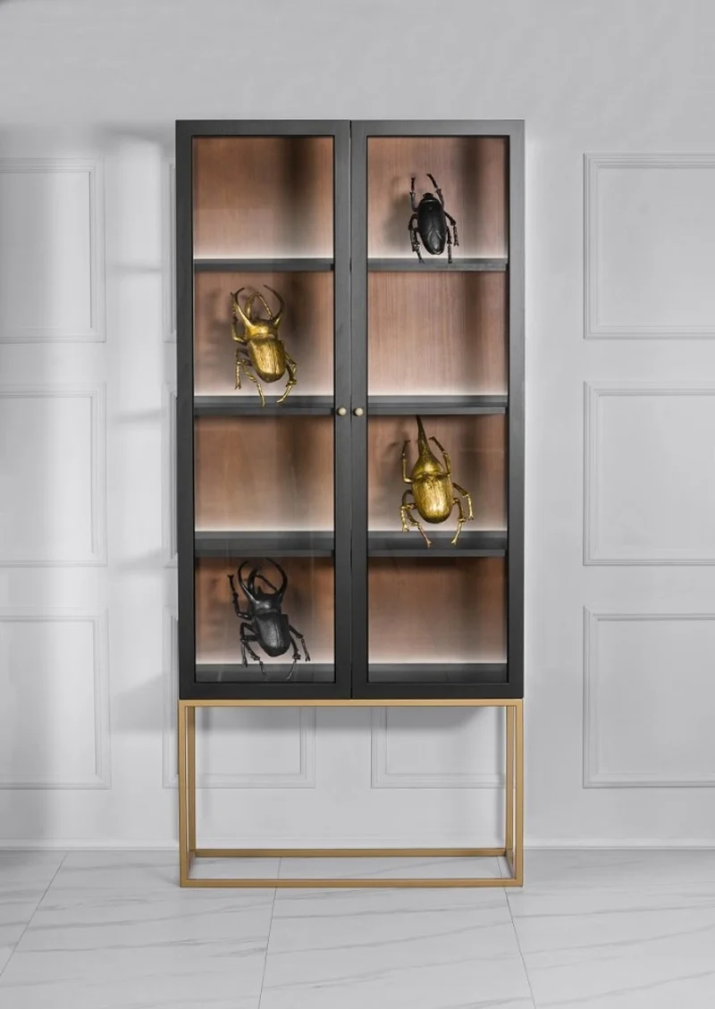 Casa Padrino Luxus Glas Vitrine Schwarz / Messing Gold 200 x 90 cm - Luxus Boutique Vitrinenschrank - Neoklassisch