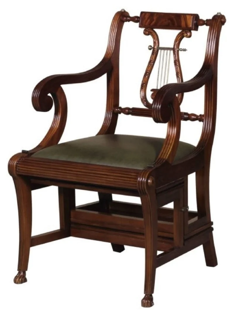 Casa Padrino Barock Leiterstuhl mit Echtleder Dunkelbraun / Grün 61,3 x 59,1 x H. 87,8 cm - Mahagoni Stuhl mit Armlehnen - Barockmöbel