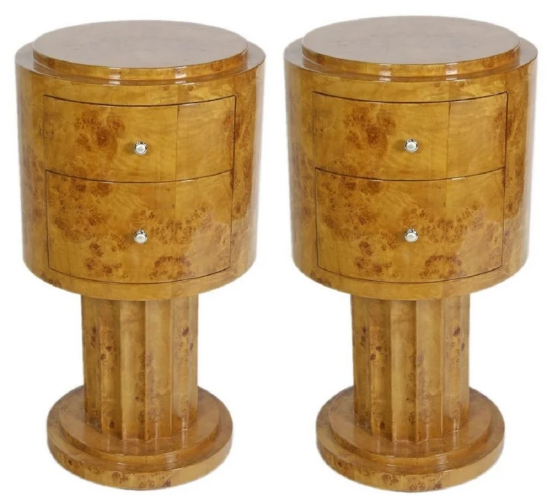 Casa Padrino Art Deco Beistelltisch Set Hellbraun Ø 40 x H. 75 cm - Runde Wurzelholz Beistelltische mit 2 Schubladen - Luxus Qualität