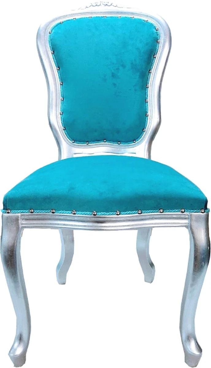 Casa Padrino Luxus Barock Esszimmer Set Louis Türkis / Silber 50 x 60 x H. 104 cm - 6 handgefertigte Esszimmerstühle - Barock Esszimmermöbel - Made in Italy