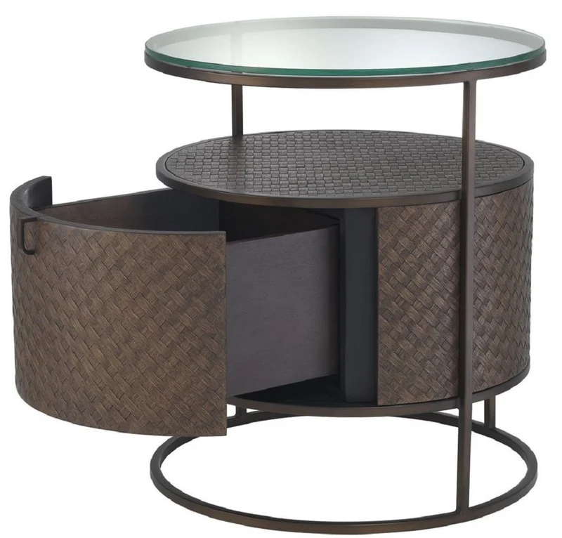 Casa Padrino Luxus Nachttisch Bronze Ø 50 x H. 56 cm - Runder Beistelltisch mit Schublade und Glasplatte - Luxus Schlafzimmermöbel