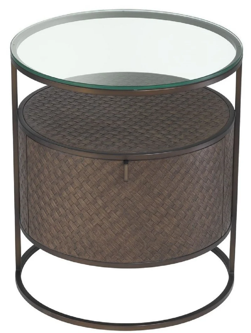 Casa Padrino Luxus Nachttisch Bronze Ø 50 x H. 56 cm - Runder Beistelltisch mit Schublade und Glasplatte - Luxus Schlafzimmermöbel