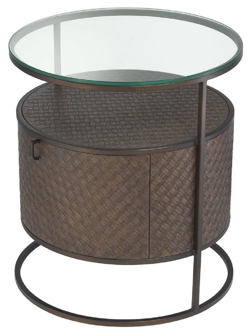 Casa Padrino Luxus Nachttisch Bronze Ø 50 x H. 56 cm - Runder Beistelltisch mit Schublade und Glasplatte - Luxus Schlafzimmermöbel