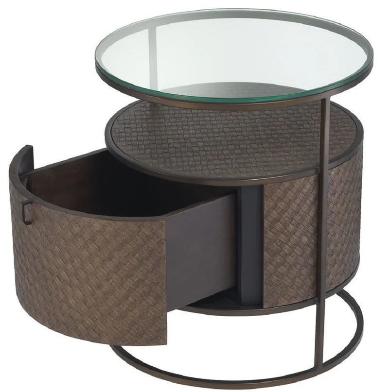 Casa Padrino Luxus Nachttisch Bronze Ø 50 x H. 56 cm - Runder Beistelltisch mit Schublade und Glasplatte - Luxus Schlafzimmermöbel