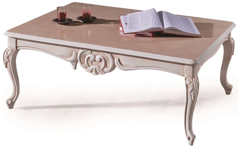 Casa Padrino Luxus Barock Couchtisch Creme / Beige 90 x 70 x H. 50 cm - Edler Wohnzimmertisch mit Glasplatte - Wohnzimmer Möbel im Barockstil