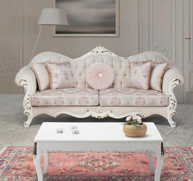 Casa Padrino Luxus Barock Wohnzimmer Set Rosa / Weiß / Gold - 2 Sofas & 2 Sessel & 1 Couchtisch - Wohnzimmer Möbel im Barockstil - Edel & Prunkvoll