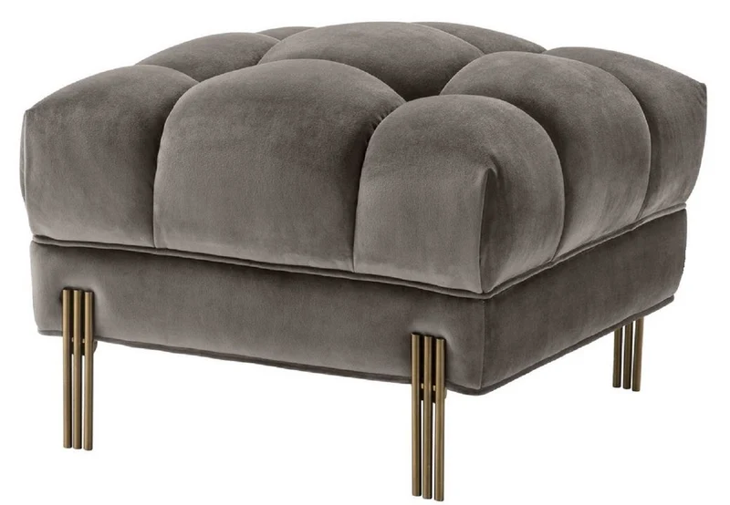 Casa Padrino Luxus Fußhocker Grau / Messingfarben 59 x 59 x H. 43 cm - Samt Hocker mit Edelstahl Beinen - Wohnzimmer Möbel
