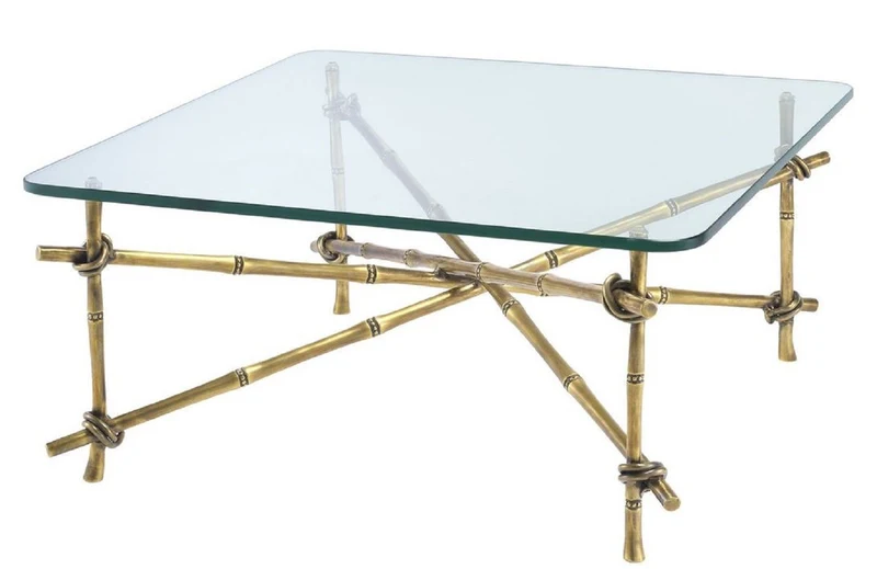 Casa Padrino Luxus Couchtisch Vintage Messingfarben 70 x 70 x H. 32,5 cm - Messing Wohnzimmertisch mit Glasplatte - Luxus Möbel