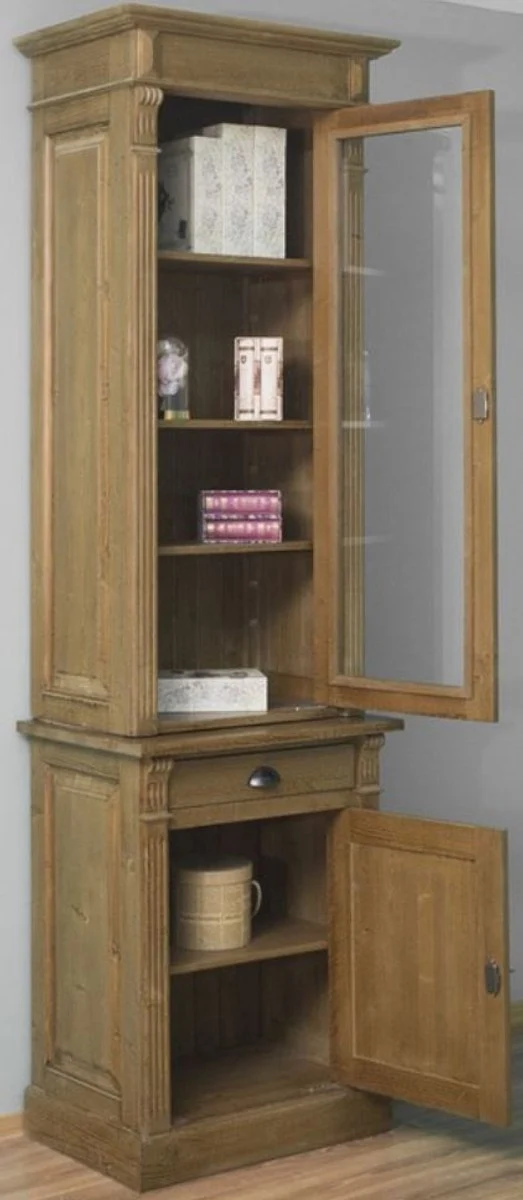 Casa Padrino Landhausstil Regalschrank Braun 73 x 51 x H. 240 cm - Massivholz Schrank mit 2 Türen und Schublade - Bücherschrank im Landhausstil