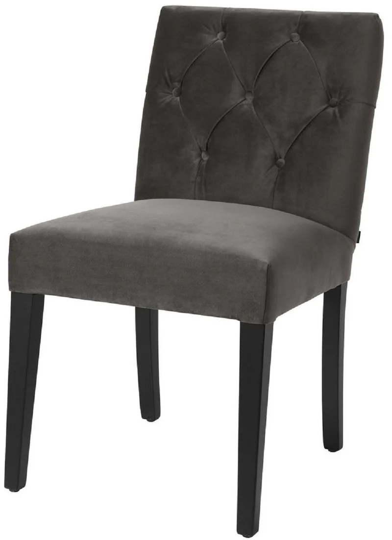 Casa Padrino Luxus Esszimmerstuhl Grau / Schwarz 51 x 64 x H. 90 cm - Chesterfield Küchenstuhl mit edlem Samtstoff - Luxus Esszimmer Möbel