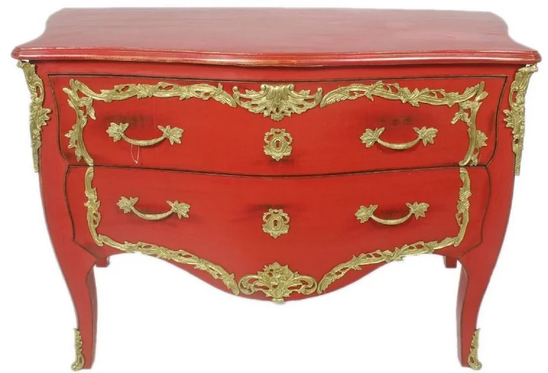 Casa Padrino Barock Kommode Antik Rot / Gold 130 x 65 x H. 90 cm - Handgefertigte Massivholz Antik Stil Kommode mit 2 Schubladen - Barock Möbel