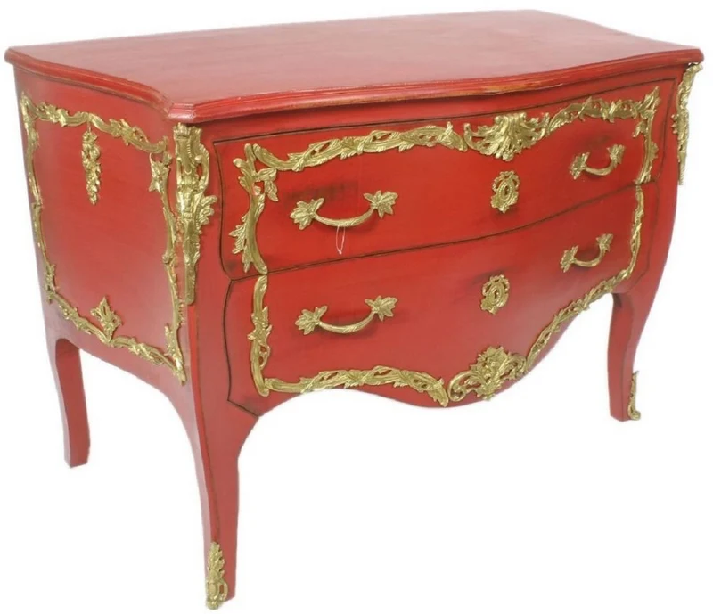 Casa Padrino Barock Kommode Antik Rot / Gold 130 x 65 x H. 90 cm - Handgefertigte Massivholz Antik Stil Kommode mit 2 Schubladen - Barock Möbel