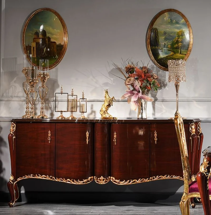 Casa Padrino Luxus Barock Sideboard Dunkelbraun / Gold 224 x 57 x H. 105 cm - Edler Schrank mit Glasplatte und 4 Türen - Barock Möbel