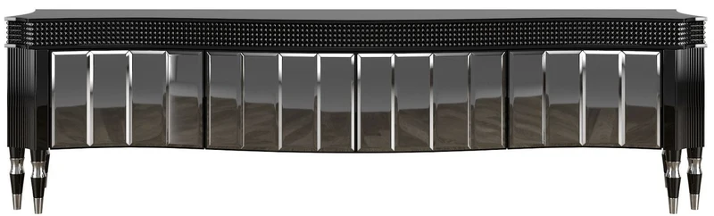 Casa Padrino Luxus Art Deco TV Schrank Schwarz / Silber 220 x 53 x H. 58 cm - Edler Fernsehschrank mit 4 verspiegelten Türen - Art Deco Wohnzimmer Möbel