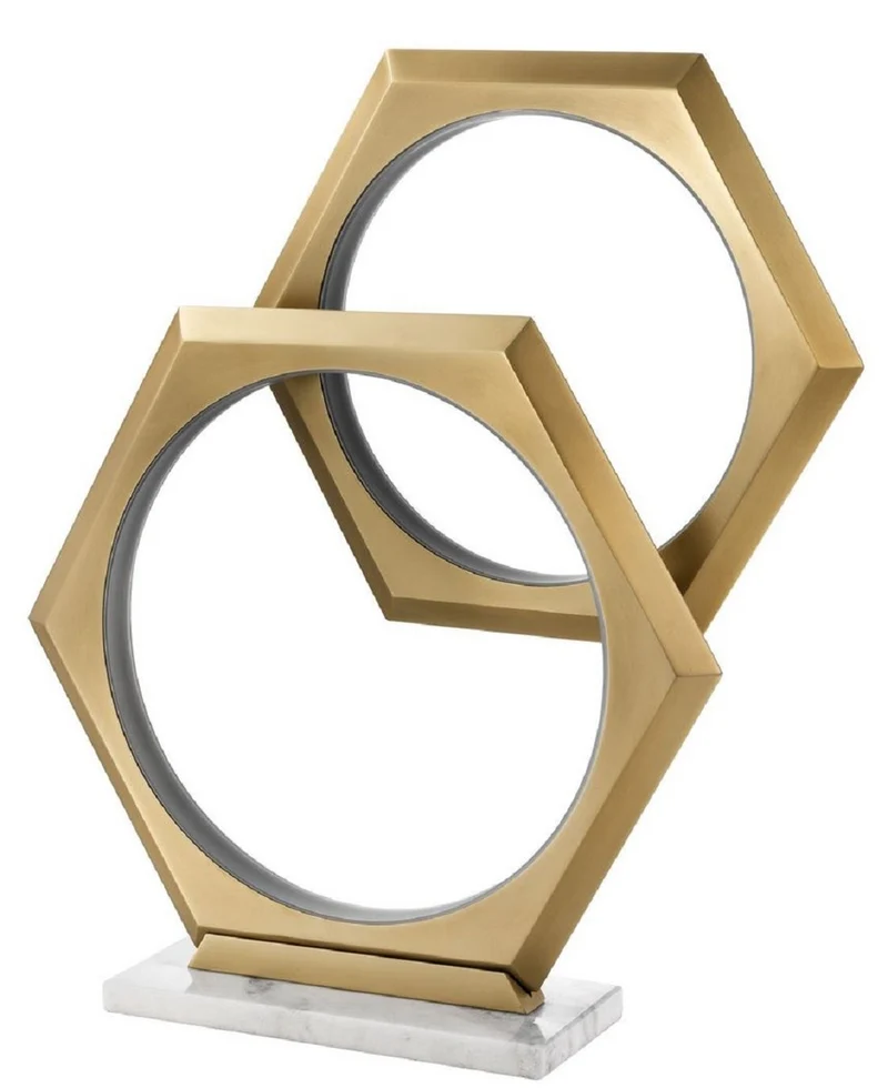 Casa Padrino Luxus LED Tischleuchte Antik Messing / Weiß 52 x 14 x H. 58 cm - Dimmbare Designer Tischlampe mit Marmorsockel - Luxus Kollektion