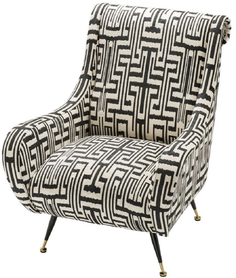 Casa Padrino Luxus Sessel Schwarz / Weiß / Messingfarben 80 x 90 x H. 88 cm - Wohnzimmer Sessel - Wohnzimmermöbel