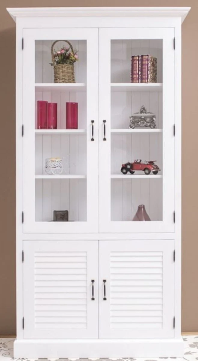 Casa Padrino Landhausstil Massivholz Schrank mit 4 Türen Weiß 64 x 39 x H. 210 cm - Regalschrank - Wohnzimmerschrank - Vitrinenschrank - Landhausstil Möbel