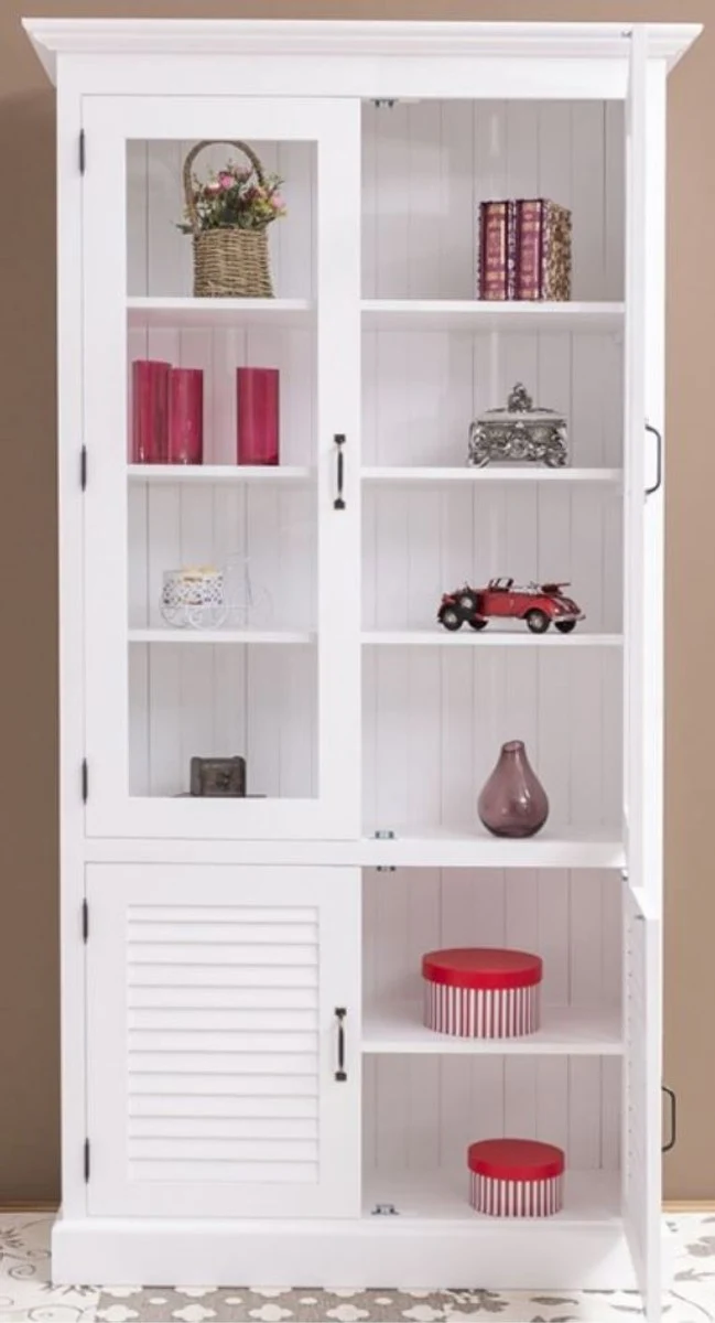 Casa Padrino Landhausstil Massivholz Schrank mit 4 Türen Weiß 64 x 39 x H. 210 cm - Regalschrank - Wohnzimmerschrank - Vitrinenschrank - Landhausstil Möbel