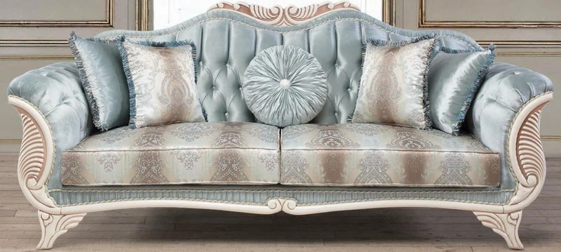 Casa Padrino Luxus Barock Wohnzimmer Sofa mit dekorativen Kissen Türkis / Creme / Bronze 232 x 87 x H. 96 cm - Wohnzimmermöbel im Barockstil