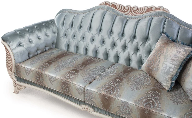 Casa Padrino Luxus Barock Wohnzimmer Sofa mit dekorativen Kissen Türkis / Creme / Bronze 232 x 87 x H. 96 cm - Wohnzimmermöbel im Barockstil