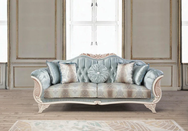 Casa Padrino Luxus Barock Wohnzimmer Sofa mit dekorativen Kissen Türkis / Creme / Bronze 232 x 87 x H. 96 cm - Wohnzimmermöbel im Barockstil