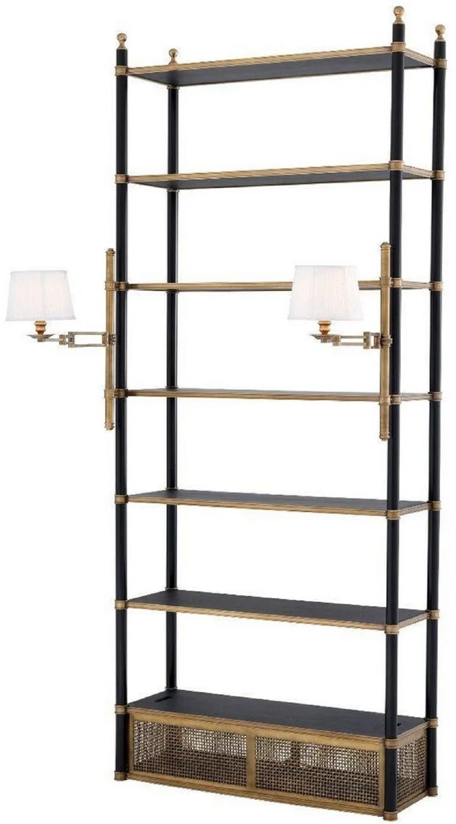 Casa Padrino Luxus Regalschrank mit 2 schwenkbaren Leuchten Vintage Messing / Schwarz 105 x 44 x H. 250 cm - Bücherschrank - Wohnzimmerschrank - Büroschrank - Luxus Möbel