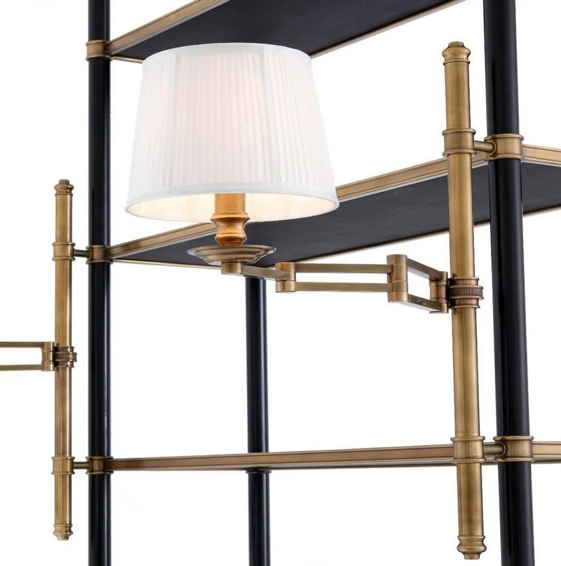 Casa Padrino Luxus Regalschrank mit 2 schwenkbaren Leuchten Vintage Messing / Schwarz 105 x 44 x H. 250 cm - Bücherschrank - Wohnzimmerschrank - Büroschrank - Luxus Möbel