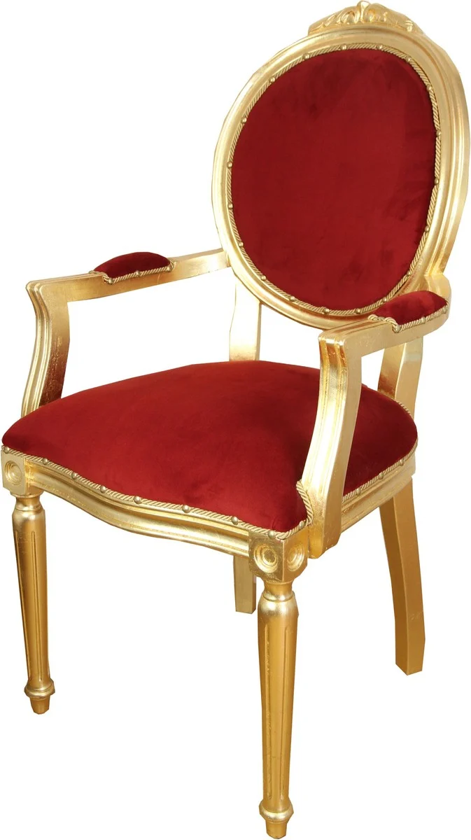 Casa Padrino Barock Luxus Esszimmer Medaillon Stuhl mit Armlehnen Bordeaux Samtstoff / Gold