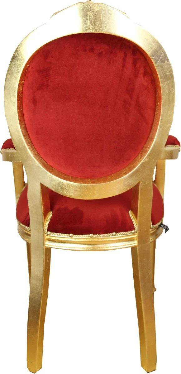Casa Padrino Barock Luxus Esszimmer Medaillon Stuhl mit Armlehnen Bordeaux Samtstoff / Gold