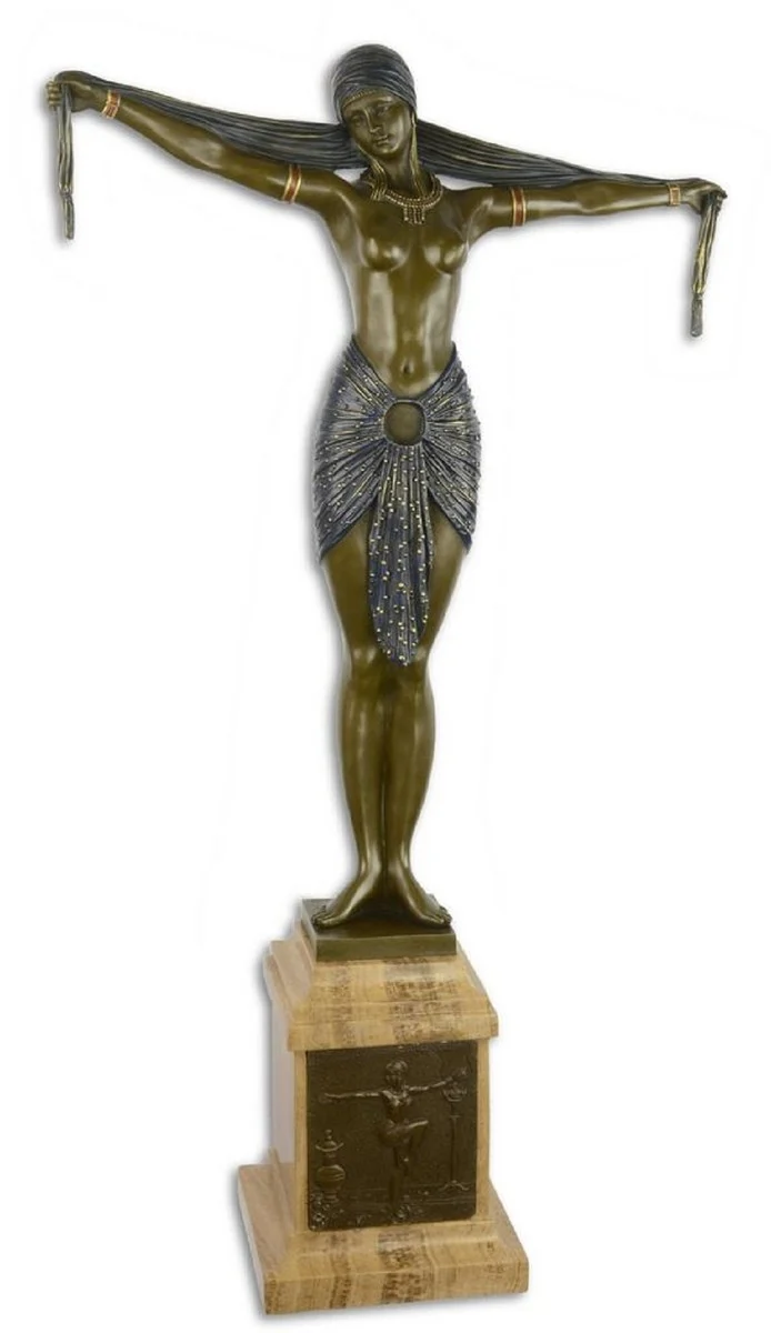 Casa Padrino Luxus Bronze Skulptur Tänzerin mit Schal Bronze / Blau / Beige 46,2 x 18,8 x H. 82,1 cm - Bronzefigur mit Marmorsockel - Dekofigur