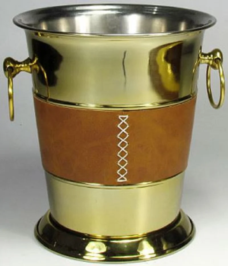 Casa Padrino Messing Weinkühler mit Leder Gold / Braun / Silber 26 x 23 x H. 25 cm - Sektkühler - Champagnerkühler - Luxus Accessoires