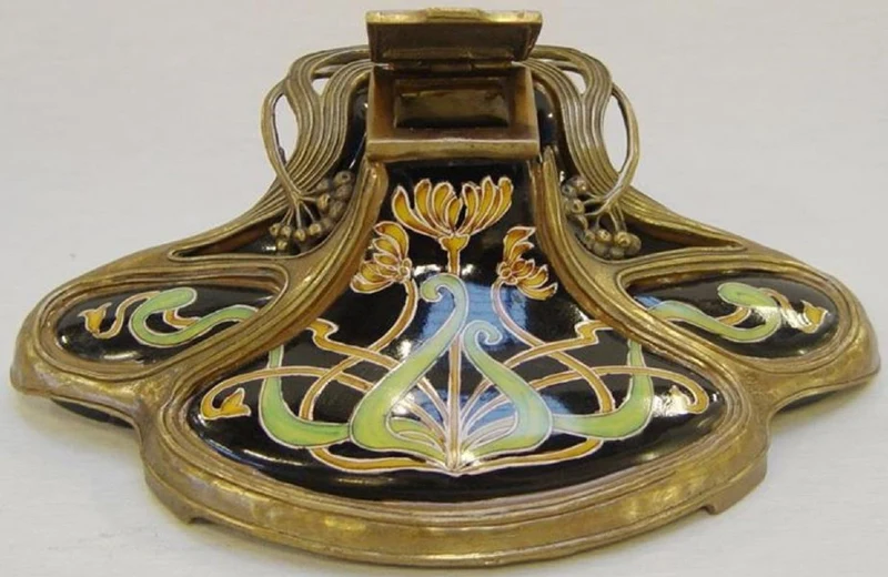 Casa Padrino Jugendstil Tintenfass Mehrfarbig / Messing H. 8 cm - Schreibtisch Deko Accessoires