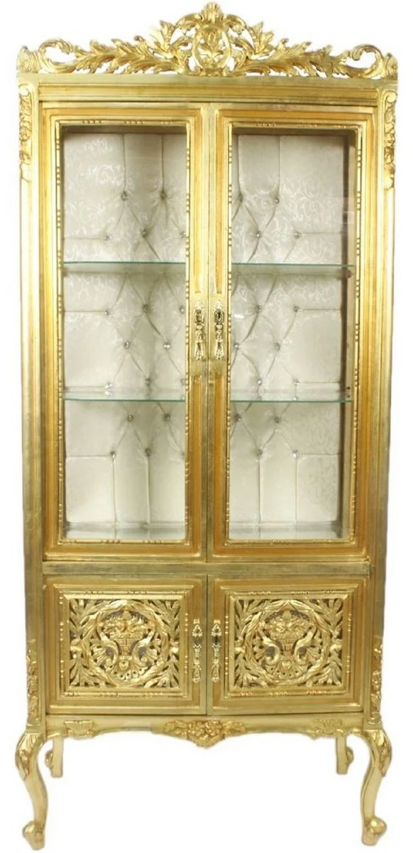 Casa Padrino Barock Vitrine Gold / Cremefarben 100 x 40 x H. 170 cm - Prunkvoller Barock Vitrinenschrank mit 2 Glastüren wunderschönen Verzierungen und Glitzersteinen
