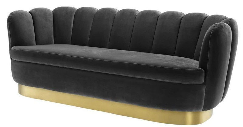 Casa Padrino Luxus Samt Sofa Dunkelgrau / Messingfarben 225 x 90 x H. 80 cm - Wohnzimmer Sofa - Luxus Qualität