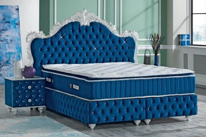 Casa Padrino Barock Doppelbett Royalblau / Weiß - Prunkvolles Samt Bett mit Glitzersteinen und Matratze - Schlafzimmer Set im Barockstil
