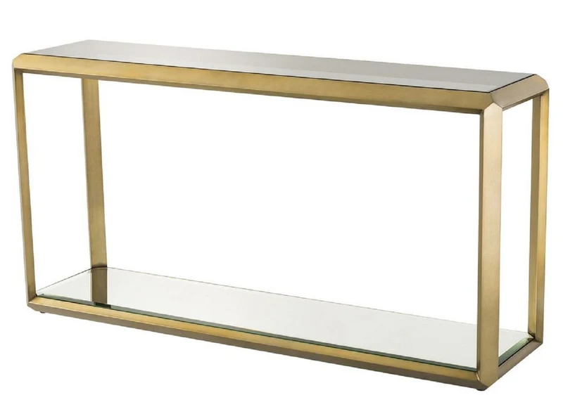 Casa Padrino Luxus Konsole Messingfarben / Schwarz 150 x 40 x H. 78 cm - Edelstahl Konsolentisch mit Glasplatte und Spiegelglas - Luxus Wohnzimmer Möbel