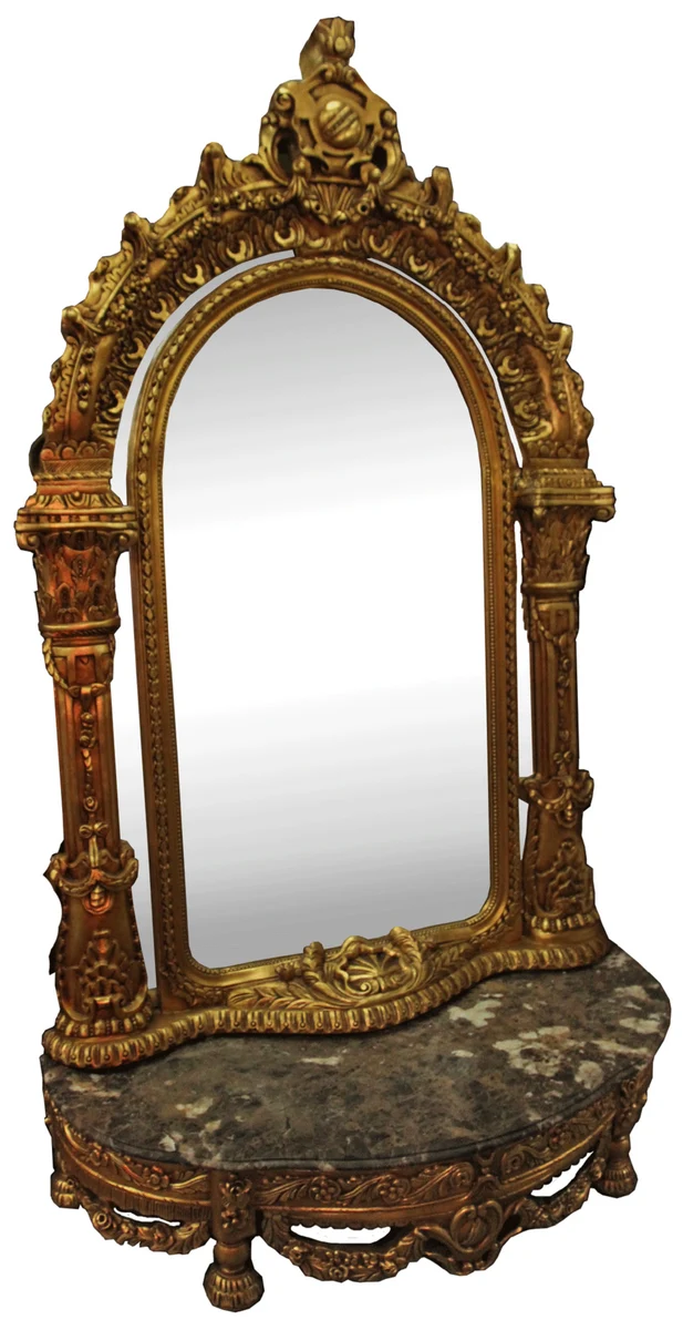 Casa Padrino Barock Spiegelkonsole mit Marmorplatte Gold / Schwarz 145 x 55 x H. 250 cm - Garderobenmöbel im Barockstil - Edel & Prunkvoll