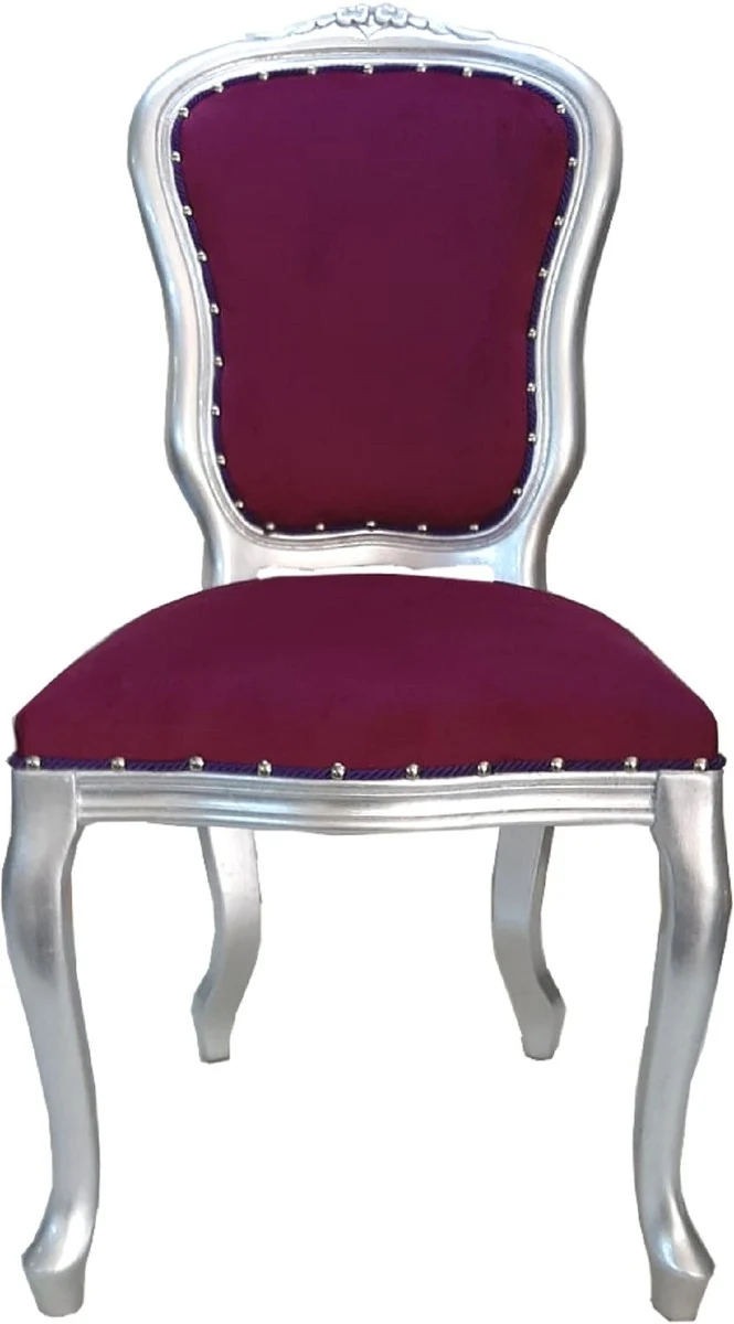 Casa Padrino Luxus Barock Esszimmer Set Louis Lila / Silber 50 x 60 x H. 104 cm - 4 handgefertigte Esszimmerstühle - Barock Esszimmermöbel - Made in Italy