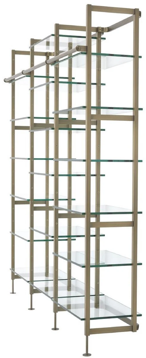 Casa Padrino Luxus Regalschrank Messingfarben 222,5 x 51 x H. 238 cm - Edelstahl Schrankwand mit 18 verstellbaren Glasregalen - Wohnzimmerschrank - Büroschrank - Luxus Möbel
