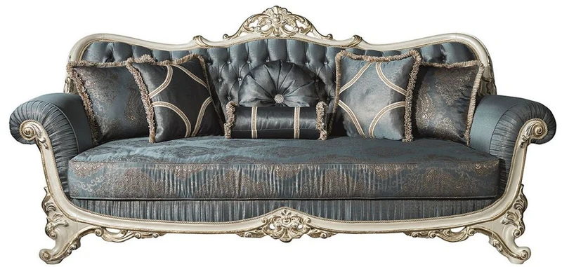 Casa Padrino Luxus Barock Wohnzimmer Sofa mit Glitzersteinen und dekorativen Kissen Blau / Creme / Gold 240 x 95 x H. 105 cm - Edle Couch im Barockstil