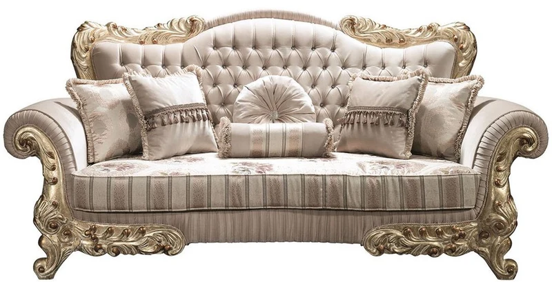 Casa Padrino Luxus Barock Sofa mit Glitzersteinen und dekorativen Kissen Beige / Gold 230 x 85 x H. 110 cm - Barock Wohnzimmer Möbel