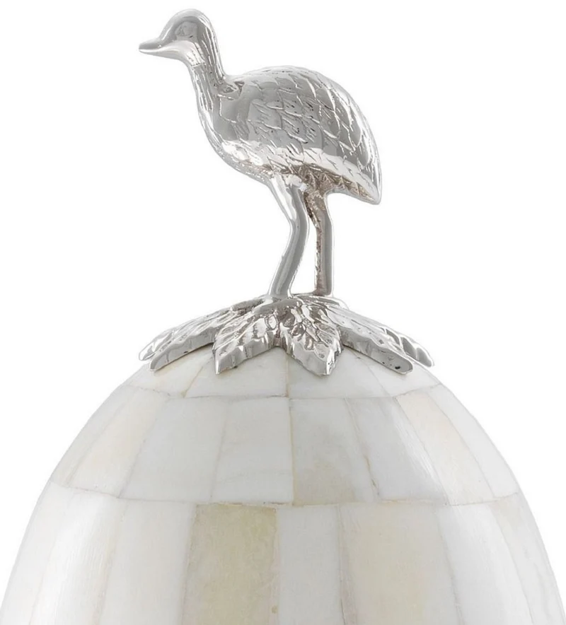 Casa Padrino Luxus Deko Objekt Emu Ei Naturfarben / Silber Ø 12 x H. 33 cm - Büro Schreibtisch Wohnzimmer Deko Accessoires