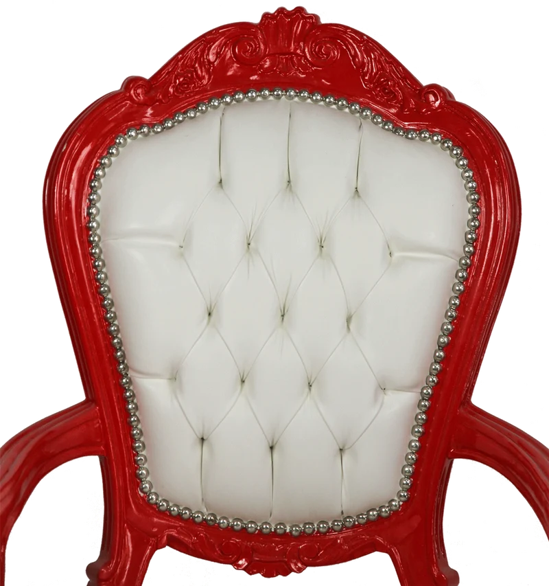 Casa Padrino Luxus Barock Esszimmer Stuhl mit Armlehnen Weiß / Rot - Handgefertigter Küchen Stuhl mit edlem Kunstleder - Barock Esszimmer Möbel
