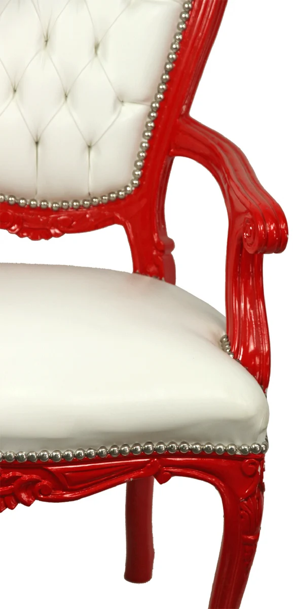 Casa Padrino Luxus Barock Esszimmer Stuhl mit Armlehnen Weiß / Rot - Handgefertigter Küchen Stuhl mit edlem Kunstleder - Barock Esszimmer Möbel