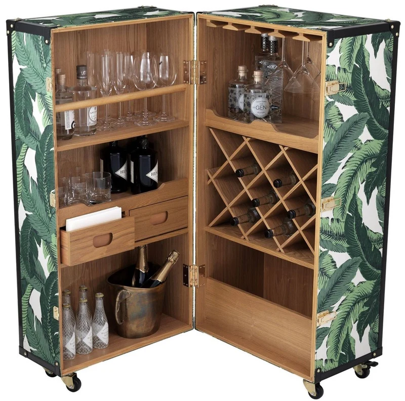 Casa Padrino Luxus Weinschrank mit Rollen Grün / Weiß / Schwarz / Gold 58 x 58 x H. 122 cm - Cocktailschrank - Kofferschrank im Retro Look - Barschrank im Vintage Koffer Design