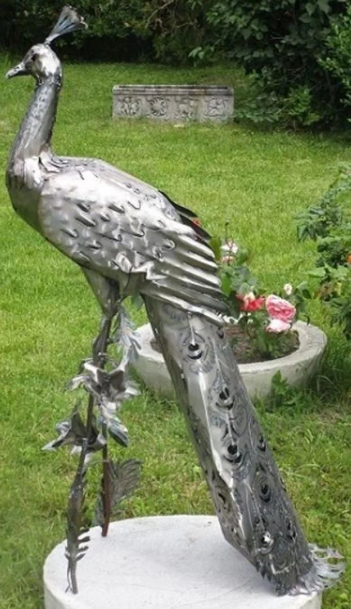 Casa Padrino Gartendeko Skulptur Pfau Silber 50 x 75 x H. 118 cm - Elegante Edelstahl Gartendeko Figur - Wetterbeständige Gartenfigur