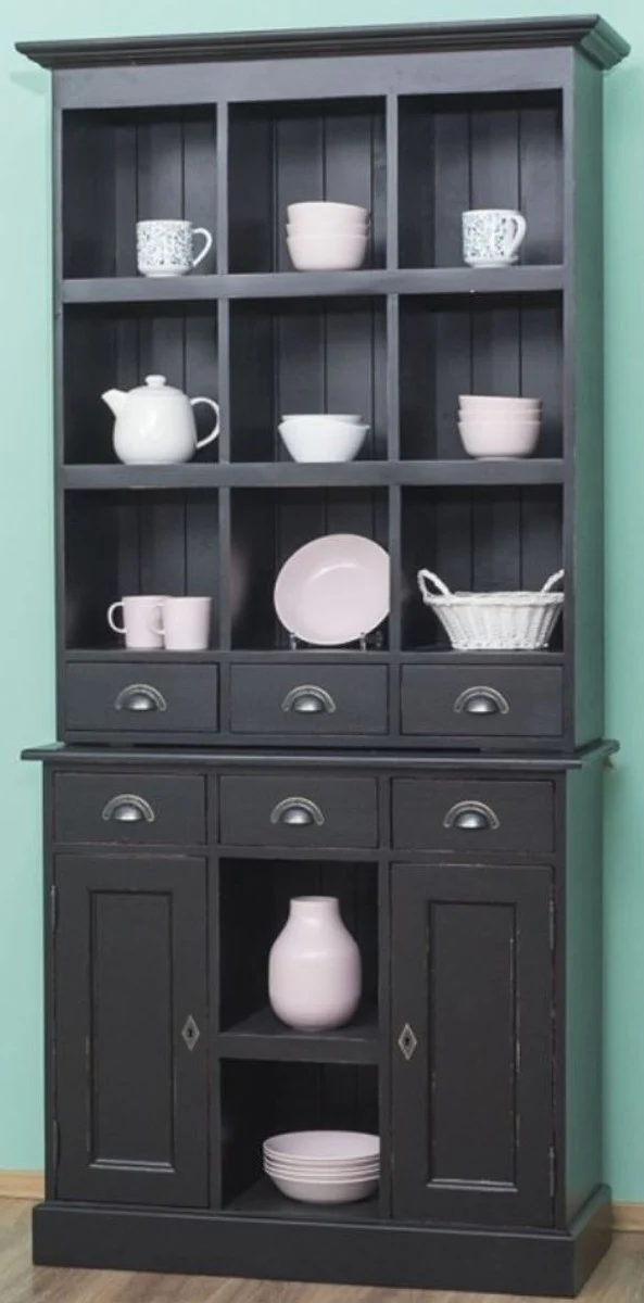 Casa Padrino Landhausstil Schrank Antik Schwarz 97 x 40 x H. 210 cm - Massivholz Regalschrank mit 2 Türen und 6 Schubladen - Möbel im Landhausstil