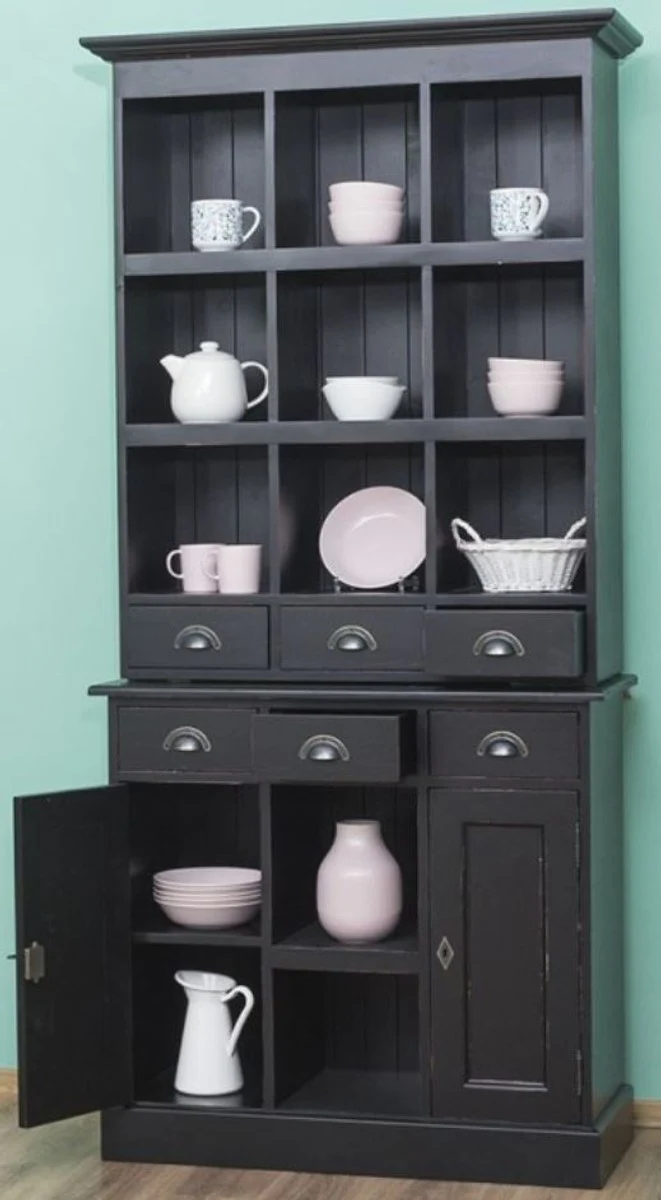 Casa Padrino Landhausstil Schrank Antik Schwarz 97 x 40 x H. 210 cm - Massivholz Regalschrank mit 2 Türen und 6 Schubladen - Möbel im Landhausstil