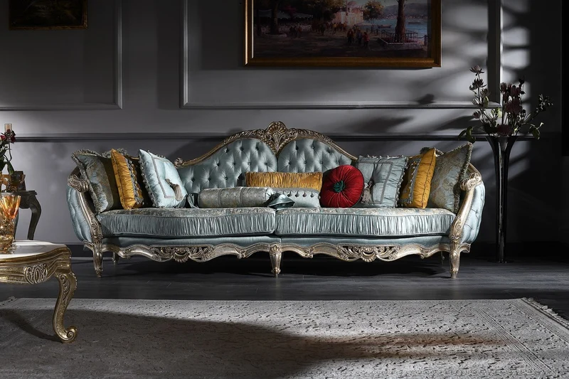 Casa Padrino Luxus Barock Sofa Türkis / Silber / Gold 310 x 99 x H. 113 cm - Prunkvolles Chesterfield Wohnzimmer Sofa im Barockstil